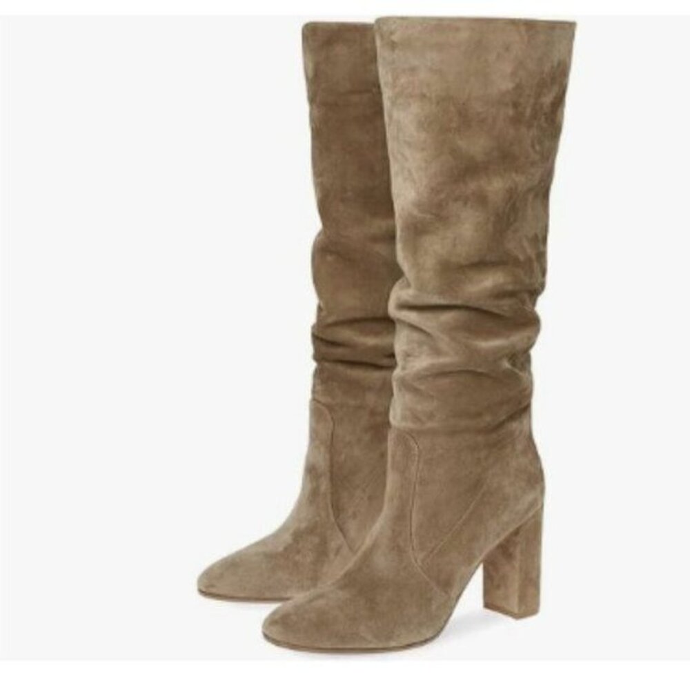 YDN Dimgrey Thigh Knee High Boots Chunky Heels Round Toe Pull On Wide Calf Shoes
